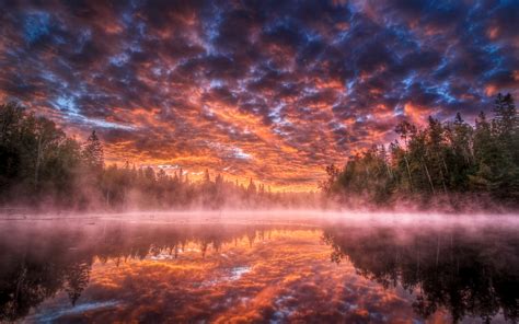 Wallpaper Sky Lake Fog Steam Ominous Darkness Reflection Trees
