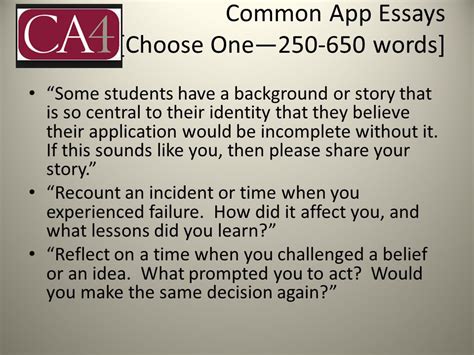 These questions should inform every section of the common app essay, and will allow students' responses to be that much more structured and coherent. Common application essay maximum word count