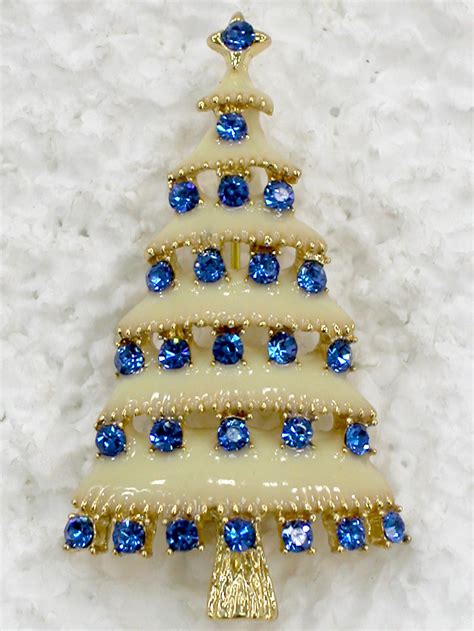Gorgeous Sapphire Color Blue Crystal Gold Metal Christmas Tree Pin