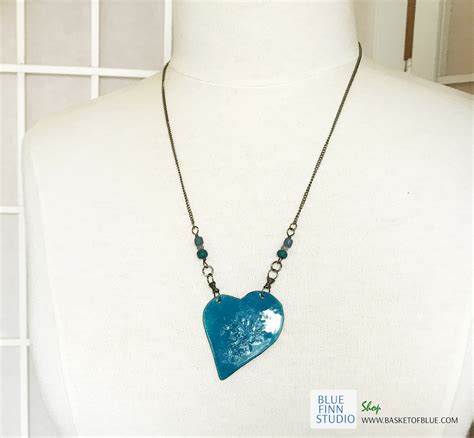 Blue Enamel Heart Pendant Necklace Basket Of Blue