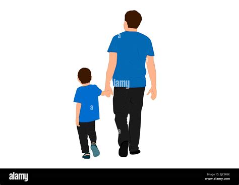 Father And Son Walking Holding Hands Vector Illustration Isolated White