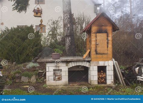Homemade Smokehouse In The Morning Mist Domestic Production Of