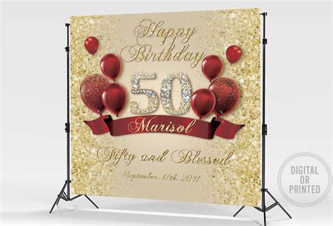 50th Birthday Backdrop Party Red And Gold Backdrop Gold Etsy