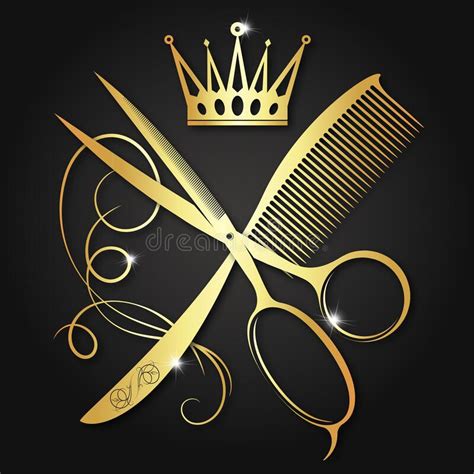 Gold Scissors And Comb With A Curl Of Hair For Beauty Salon Stock