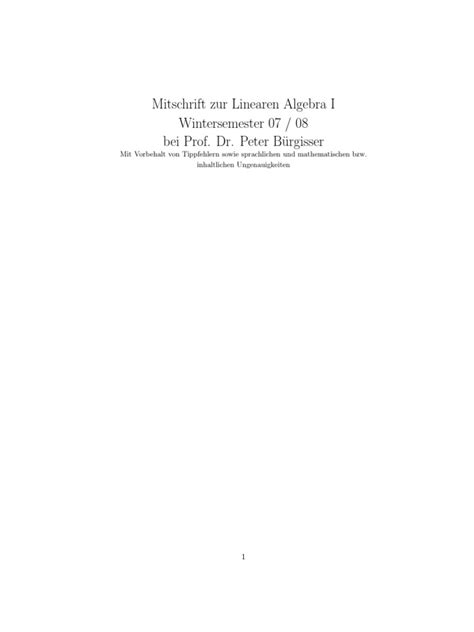 In order to bookmark the toolkit, first go to the cover page. Lineare Algebra I - Prof. Bürgisser - WS 2007 / 08