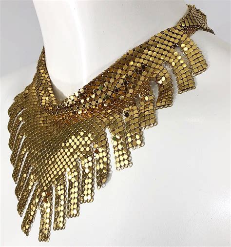 1970s Whiting And Davis Gold Chainmail Metal Fringed Vintage 70s Bib