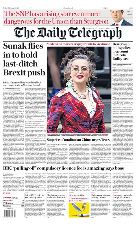Daily Telegraph Front Page 17th Of February 2023 Tomorrow S Papers Today