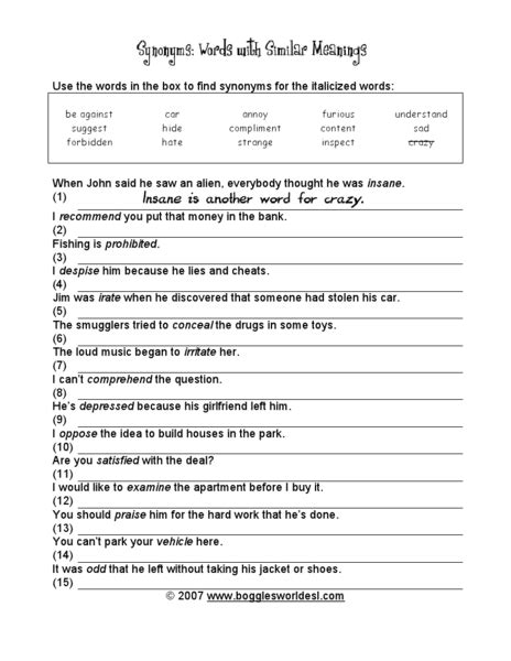 Synonyms Words With Similar Meanings 3 Worksheet For 3rd 6th Grade