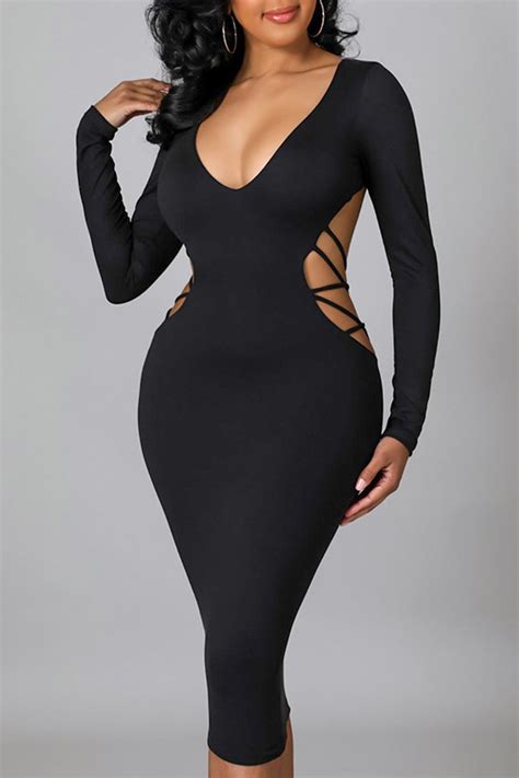Black Sexy Solid Hollowed Out Split Joint Backless V Neck One Step Skirt Dresses Dresses