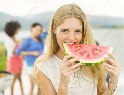Portrait Of Woman Eating Watermelon Stock Image F014 1422 Science