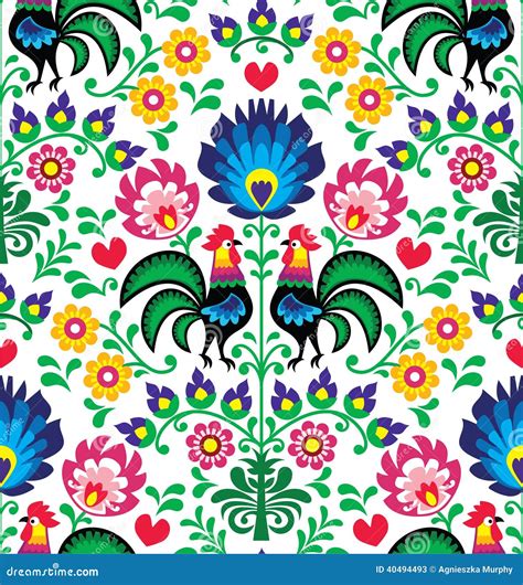 Seamless Traditional Floral Polish Pattern With Roosters Wzory