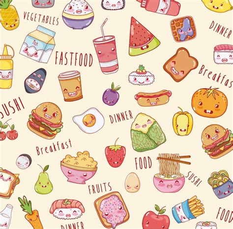 Cute Food Background Kawaii Cartoons Premium Vector