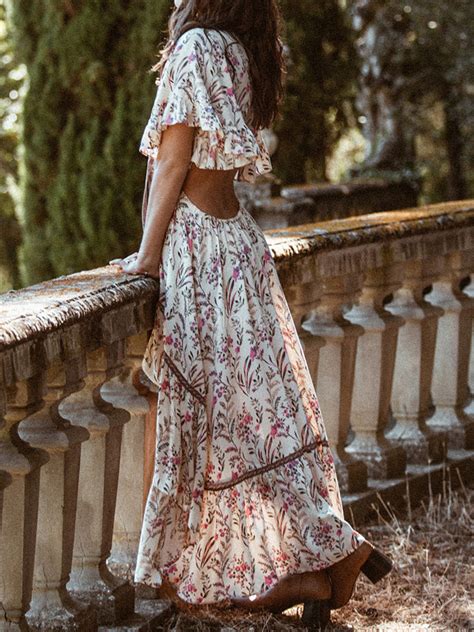 Robe Bohémienne à Fleur De Col En V Asymétrique