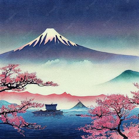 Premium Photo Watercolor Japan Mount Fuji With Blooming Skaura