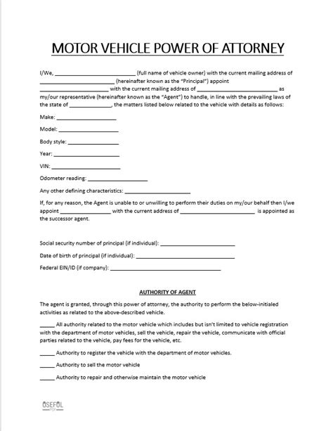 50 Free Motor Vehicle Power Of Attorney Form Templates