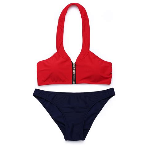 Trangel Women Solid Two Pieces Swimsuit Sexy Push Up Bathing Suit Patchwork Halter Bikini