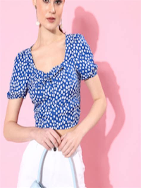 Buy Mast And Harbour Sky Blue Printed Puff Sleeve Smocked Retro Optimism Twists And Knots Crop Top