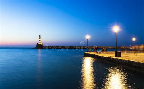 Lighthouse At Venetian Port At Night Chania Crete Greek Islands