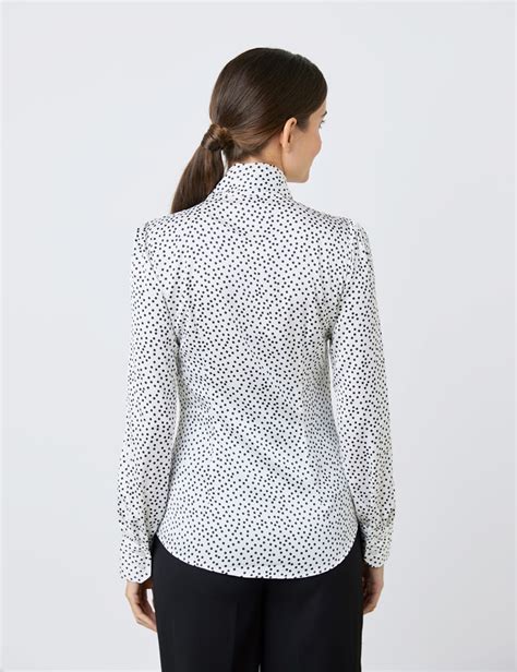Satin Womens Fitted Shirt With Small Spots Print And Pussy Bow In White And Black Hawes