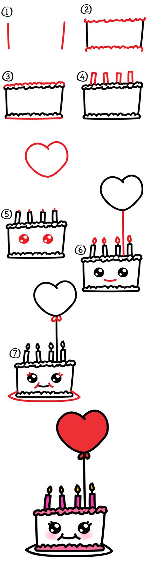 Learn how to draw a cute and super easy happy birthday cake step by step with heart balloons, candles. How To Draw A Cute Birthday Cake