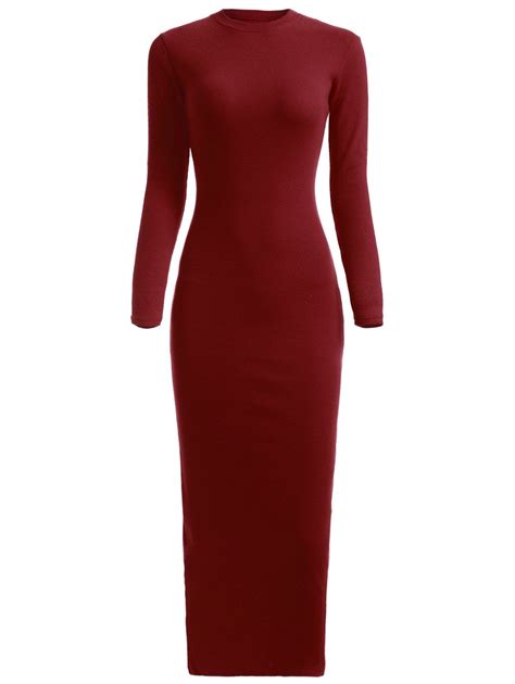 Maxi Long Sleeve Ribbed Winter Knit Dress In Wine Red One Size