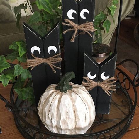 Black Cats Halloween Decor Wooden Cats Primitive Halloween Etsy