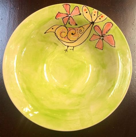 Hand Painted Green Cereal Bowl With Birds And By Oldpondpottery 3500