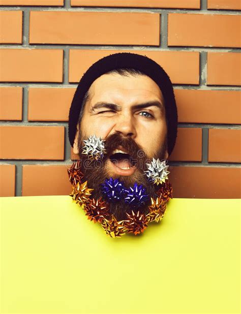 Bearded Man Brutal Caucasian Squinting Hipster With T Decoration