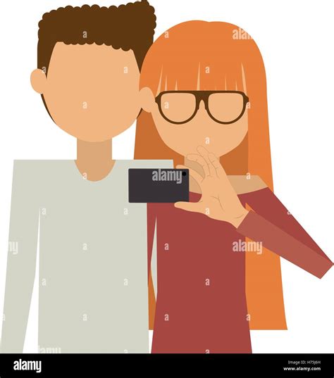 half body of couple where redhead long hair woman take selfie vector illustration stock vector