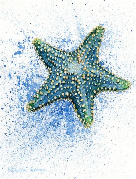 Blue Starfish Watercolor Print 5x7 8x10 By Priscillageorgeart