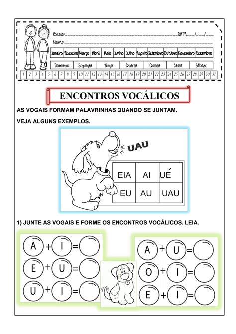 Encontro Vocálico Atividade de língua portuguesa para trabalhar encontro vocálico Maternal