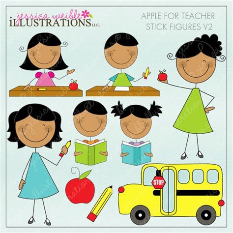 Apple For Teacher Stick Figures V2 Cute Digital Clipart