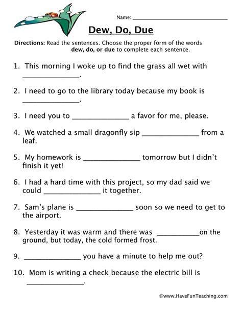 Dew Do Due Homophones Worksheet Have Fun Teaching