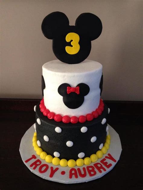 Mickey Mouse And Minnie Mouse Themed Cake For Twins Top Tier Has