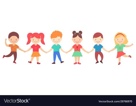 Group Happy Kids Standing Together And Holding Vector Image