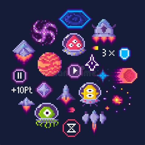 Space Game Pixel Art Aliens And Spaceship Icons Stock Vector