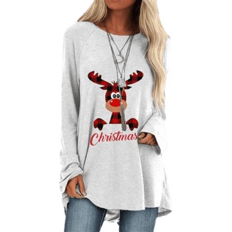 Sysea Women Reindeer Print Shirt Long Sleeve Christmas T Shirt Blouse