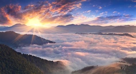 Panorama Of Misty Morning In The Mountains Stock Photo Image Of Haze