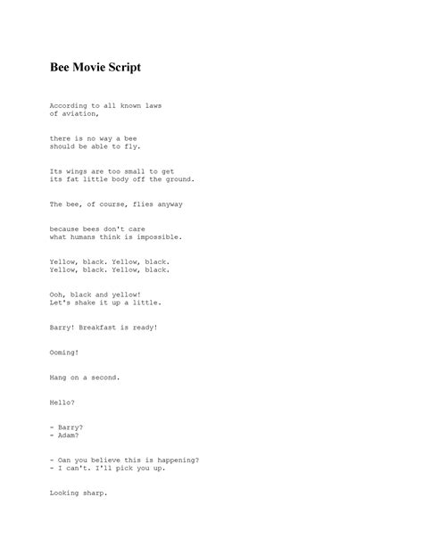 Bee Movie Script Best Movie Ever Created Bee Movie Script According To All Known Laws Of
