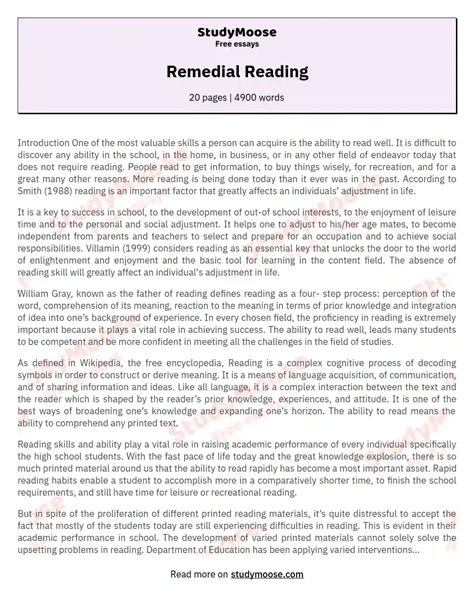 Remedial Reading Free Essay Example
