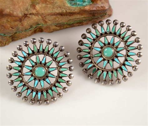 Vintage Zuni Sterling Silver Needlepoint Earrings With Beautiful Natural Turquoise Hoels Sedona