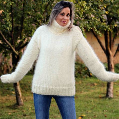 New White Hand Knitted Mohair Sweater Fuzzy Turtleneck Jumper By