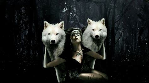 Girl with Two White Wolves Fond d écran HD Arrière Plan x ID Wallpaper Abyss
