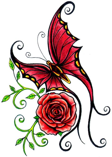 Simple Rose An Butterflies Tattoo Design Artistic Rose And