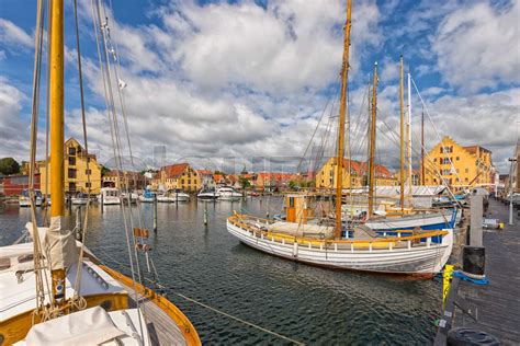 Harbor With Historic Sailboats At Svendborg Funen Denmark Stock