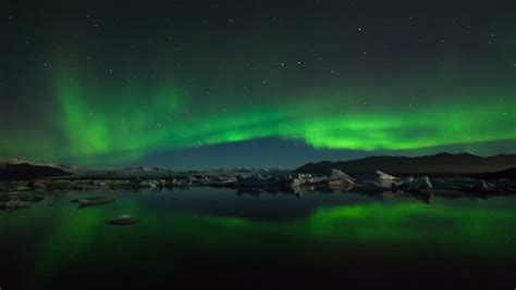 Amazing Northern Light Aurora In Glacier Lake In Iceland 4k Stock