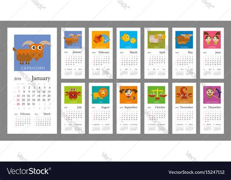 Calendar 2018 With Zodiac Signs Royalty Free Vector Image