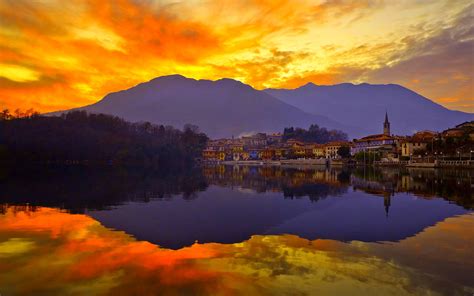 Sky Sunset Mountain Lake Town Reflection Hd Wallpaper