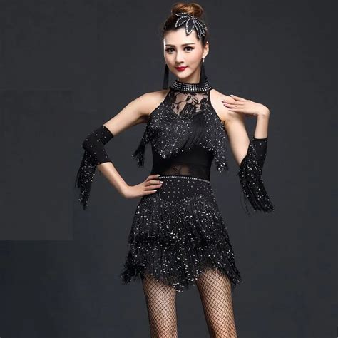 2016 Fashion Sexy Latin Dance Dress Slim Tasseled Sequined Salsa