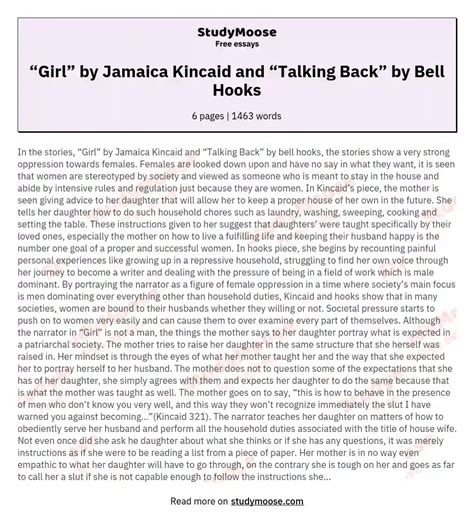 “girl” By Jamaica Kincaid And “talking Back” By Bell Hooks Free Essay Example